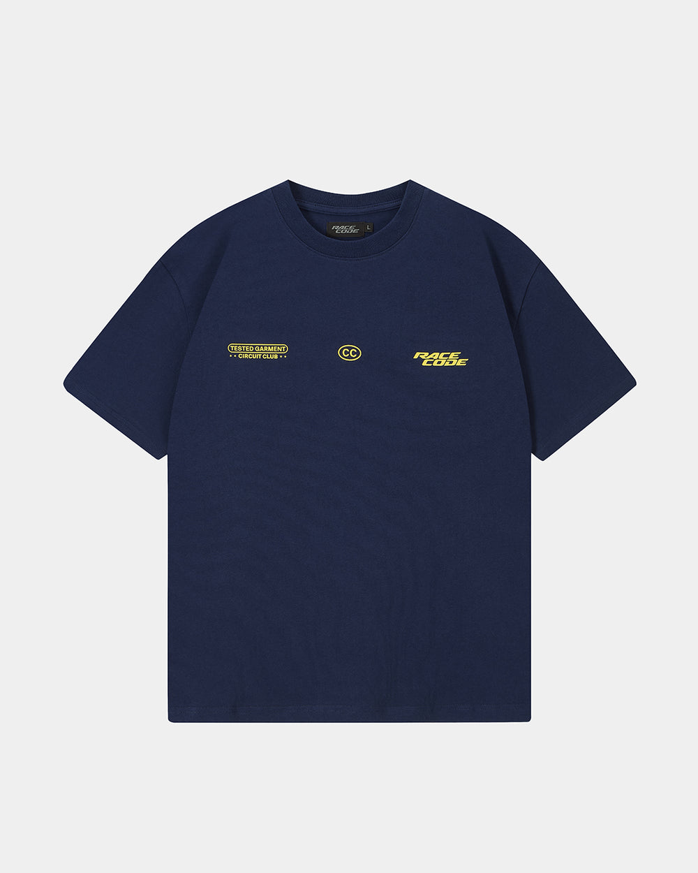 Circuit Club Navy Tee front view with yellow chest graphics
