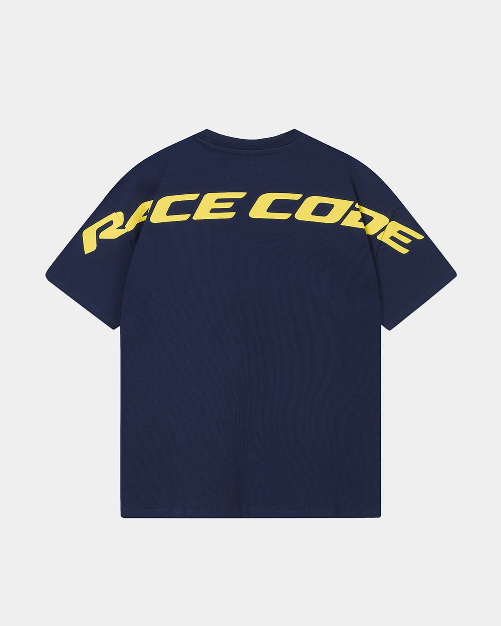 Circuit Club Navy Tee back view with oversized yellow Race Code graphic