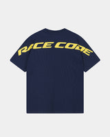 Circuit Club Navy Tee back view with oversized yellow Race Code graphic