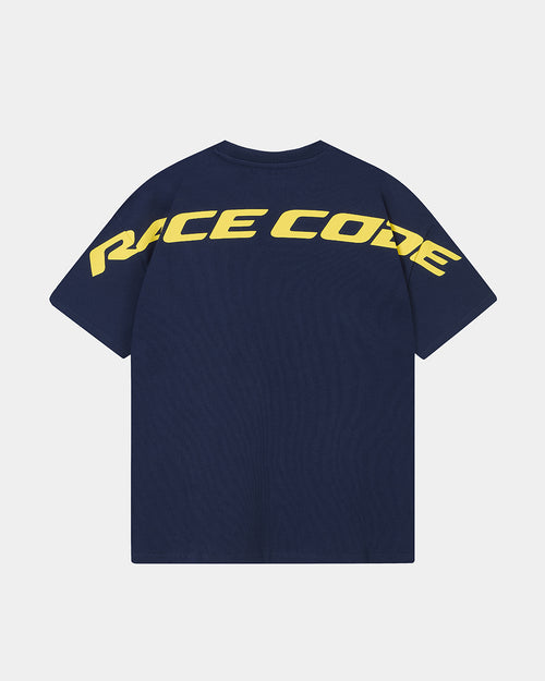 Circuit Club Navy Tee back view with oversized yellow Race Code graphic