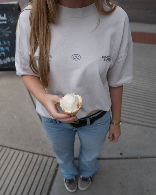 Woman wearing the Circuit Club Gray Tee, back detail