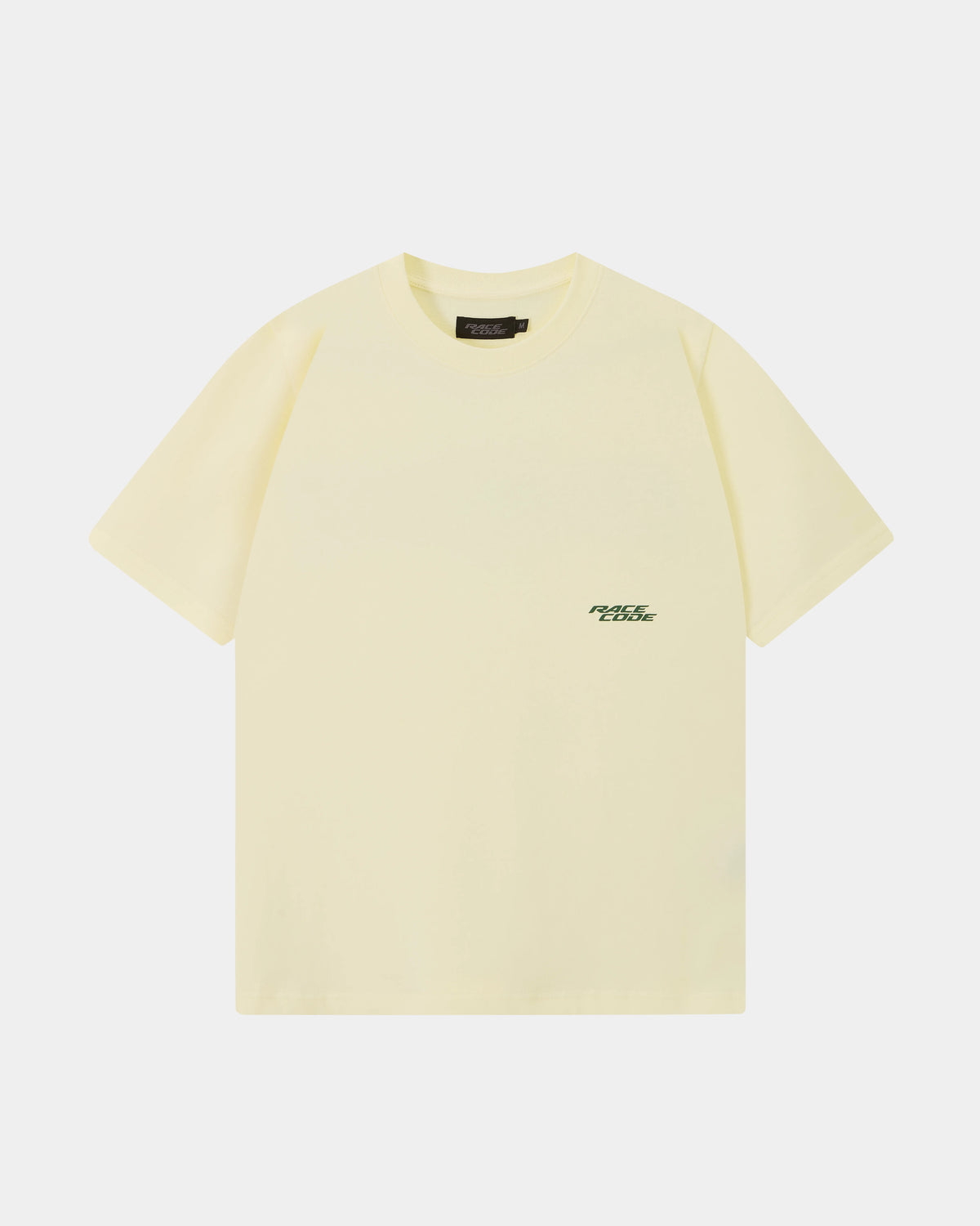 Race Tee Cream front view with small green chest logo