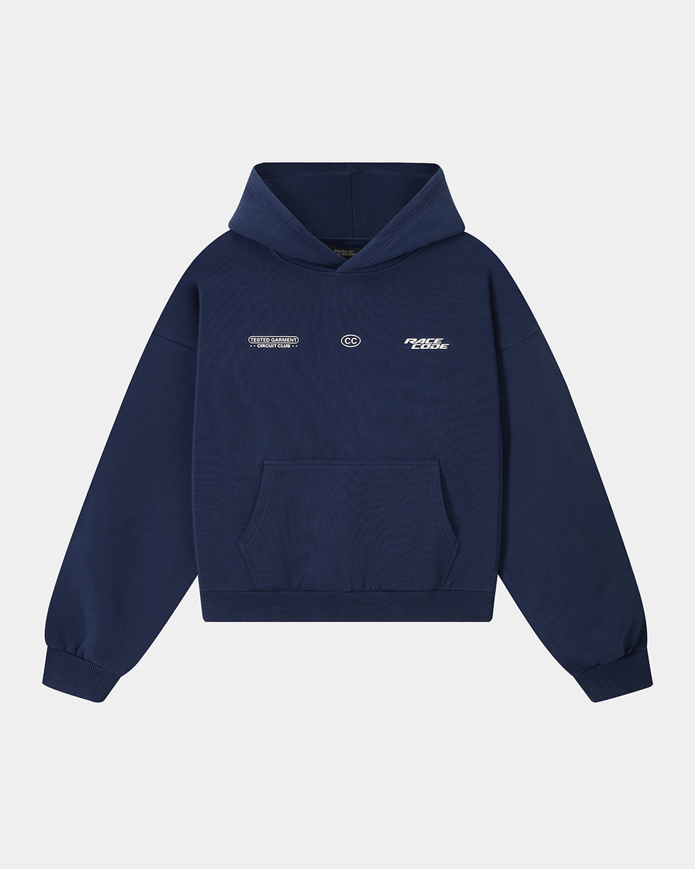 Circuit Club Navy Hoodie front view with white chest graphics