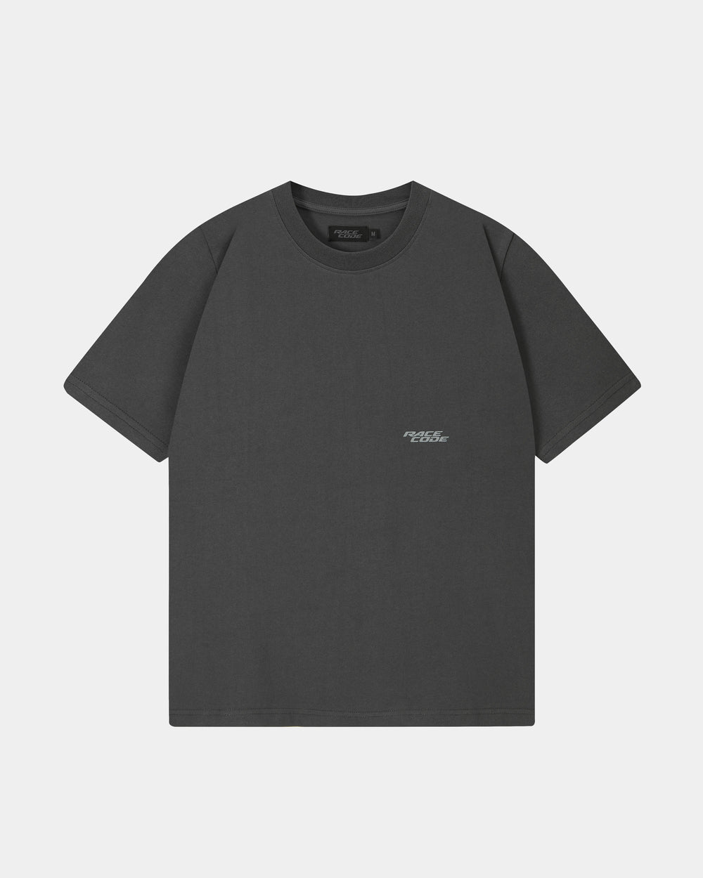 Race Tee Dark Grey front view with small grey chest logo