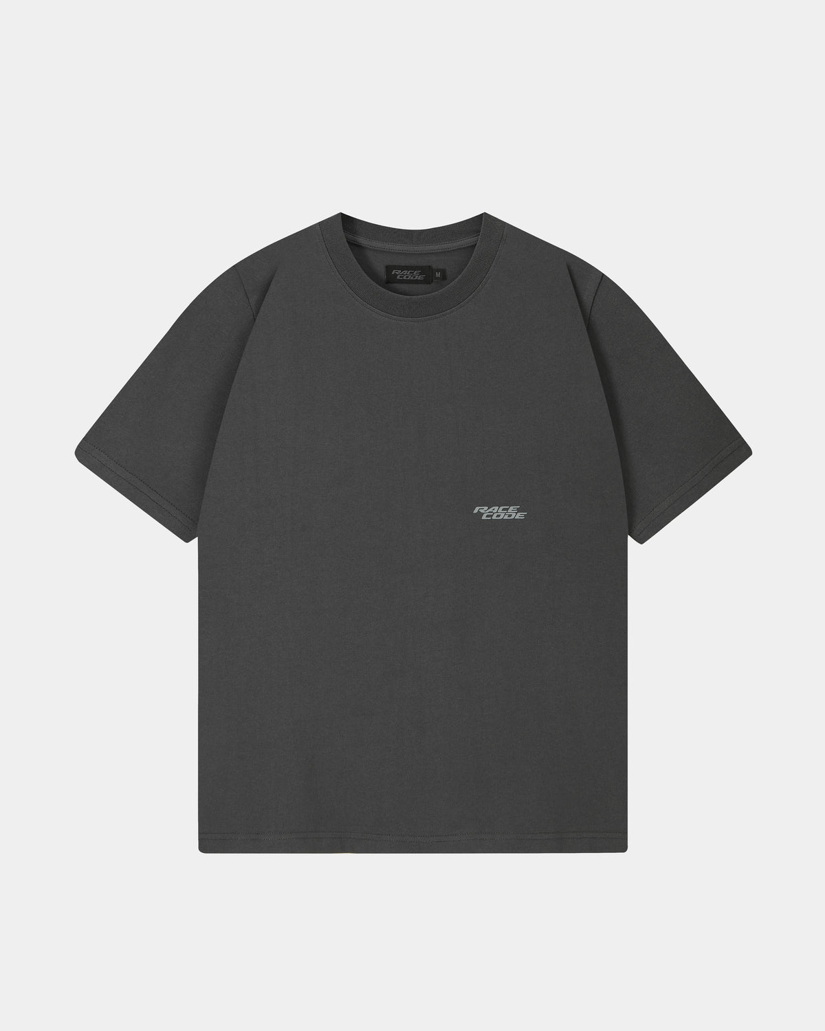 Race Tee Dark Grey front view with small grey chest logo