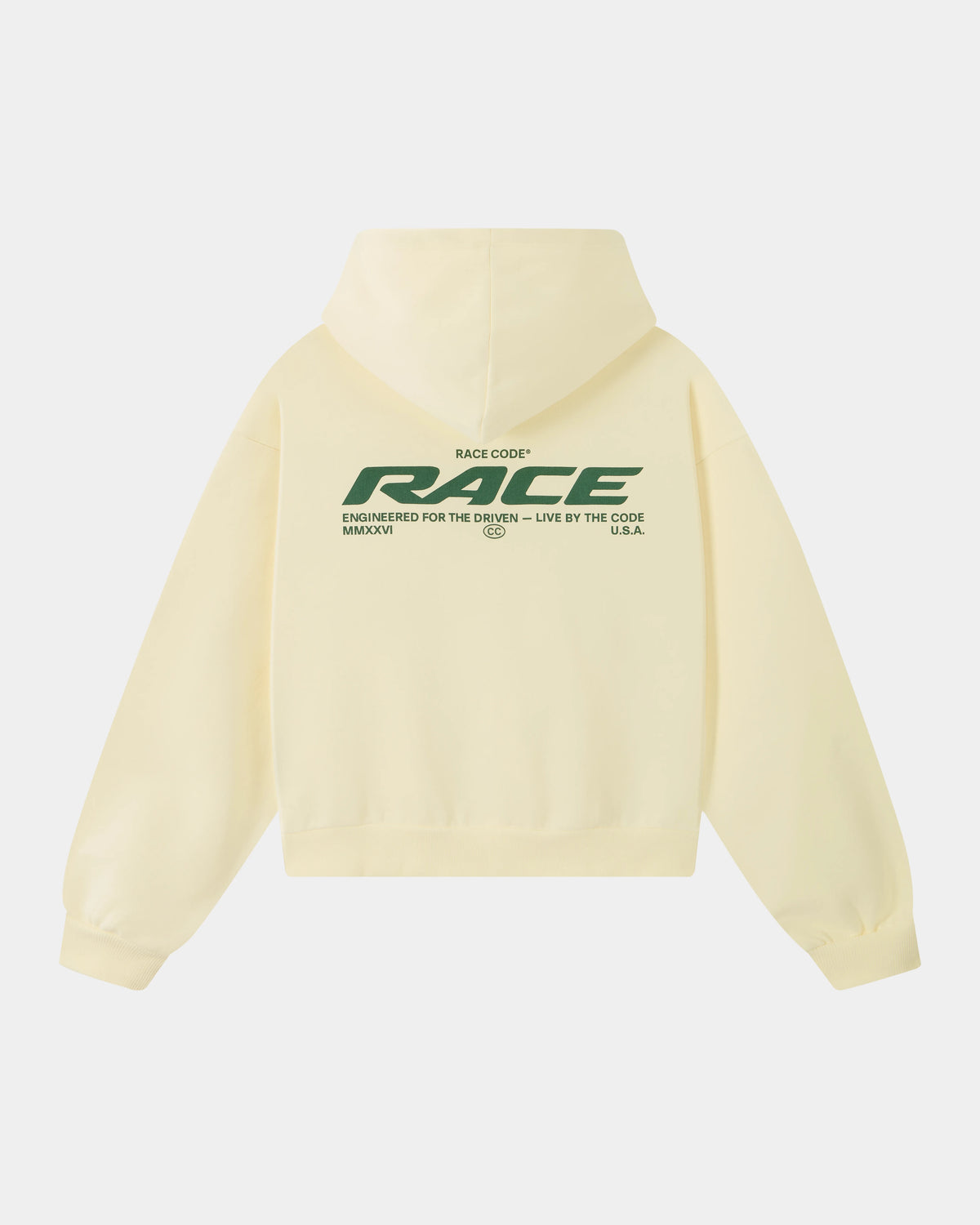 Race Hoodie Cream back view with large green Race graphic