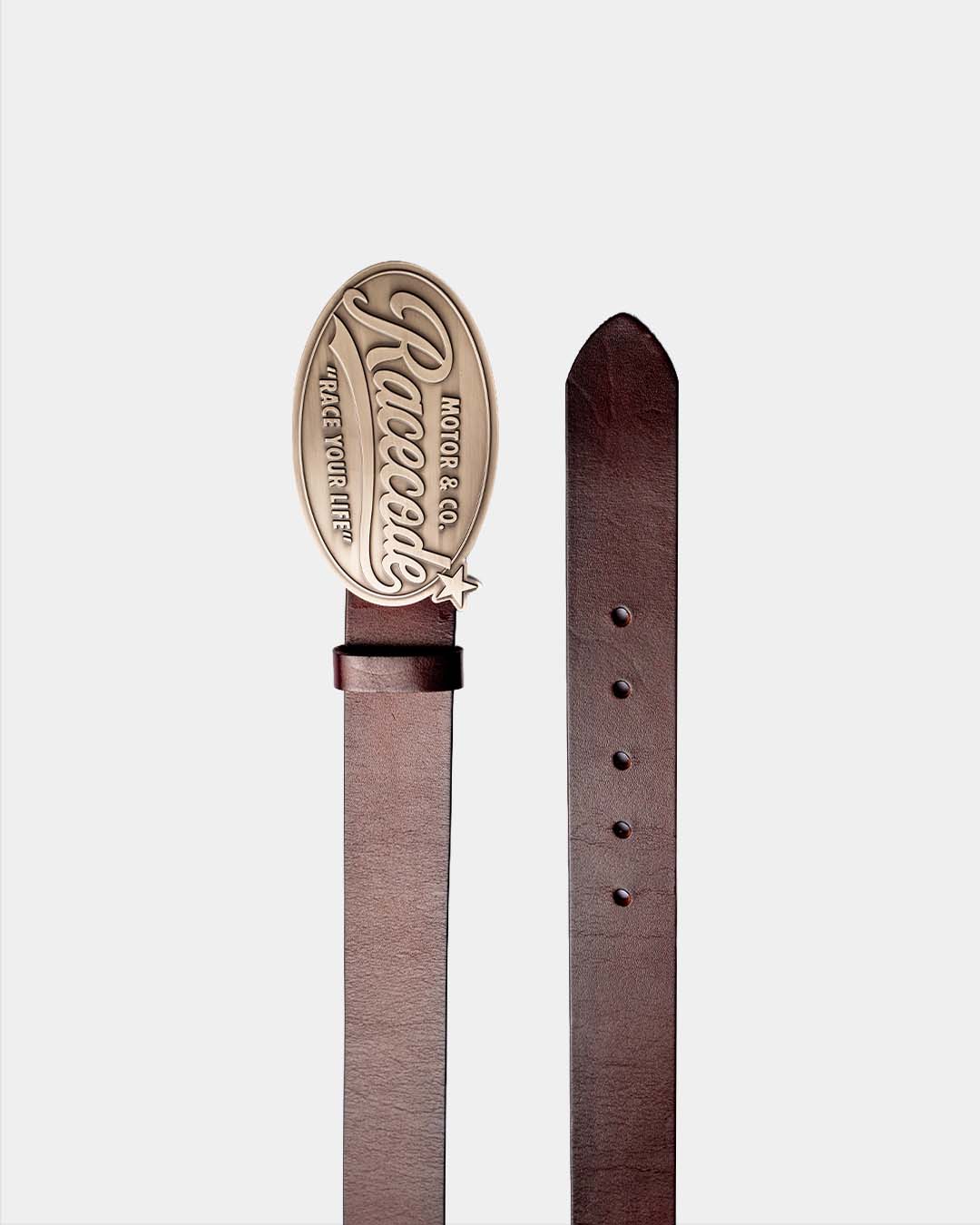 Cowboy Belt: brown belt and strap with the oval Race Code buckle in antique silver