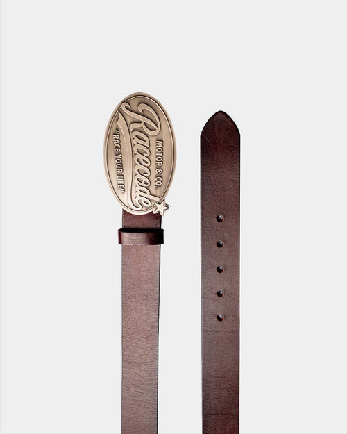 Cowboy Belt: brown belt and strap with the oval Race Code buckle in antique silver