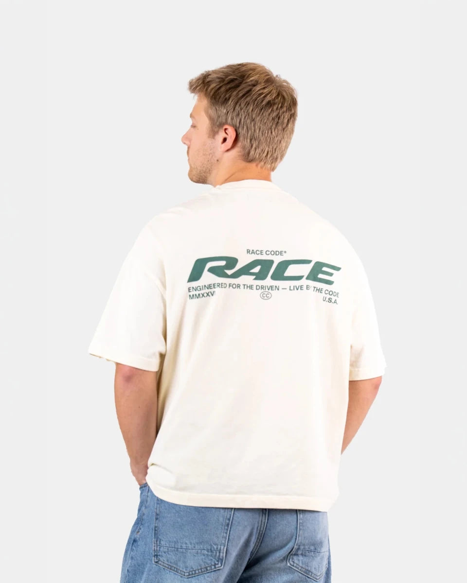 Model Front Race Tee Cream - Race Code
