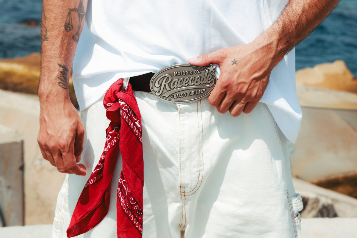Cowboy Belt worn with white trousers and a red bandana