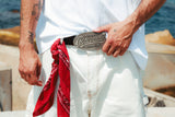 Cowboy Belt worn with white trousers and a red bandana
