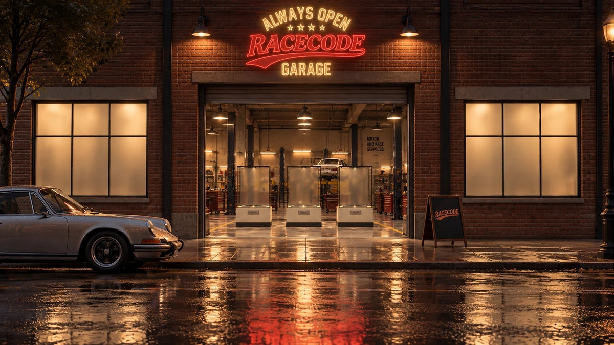 Race Code Garage de noche: el neón Always Open sobre el portón abierto, la calle mojada y un coche clásico