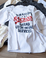 Garage Tee White laid flat, red and navy back print